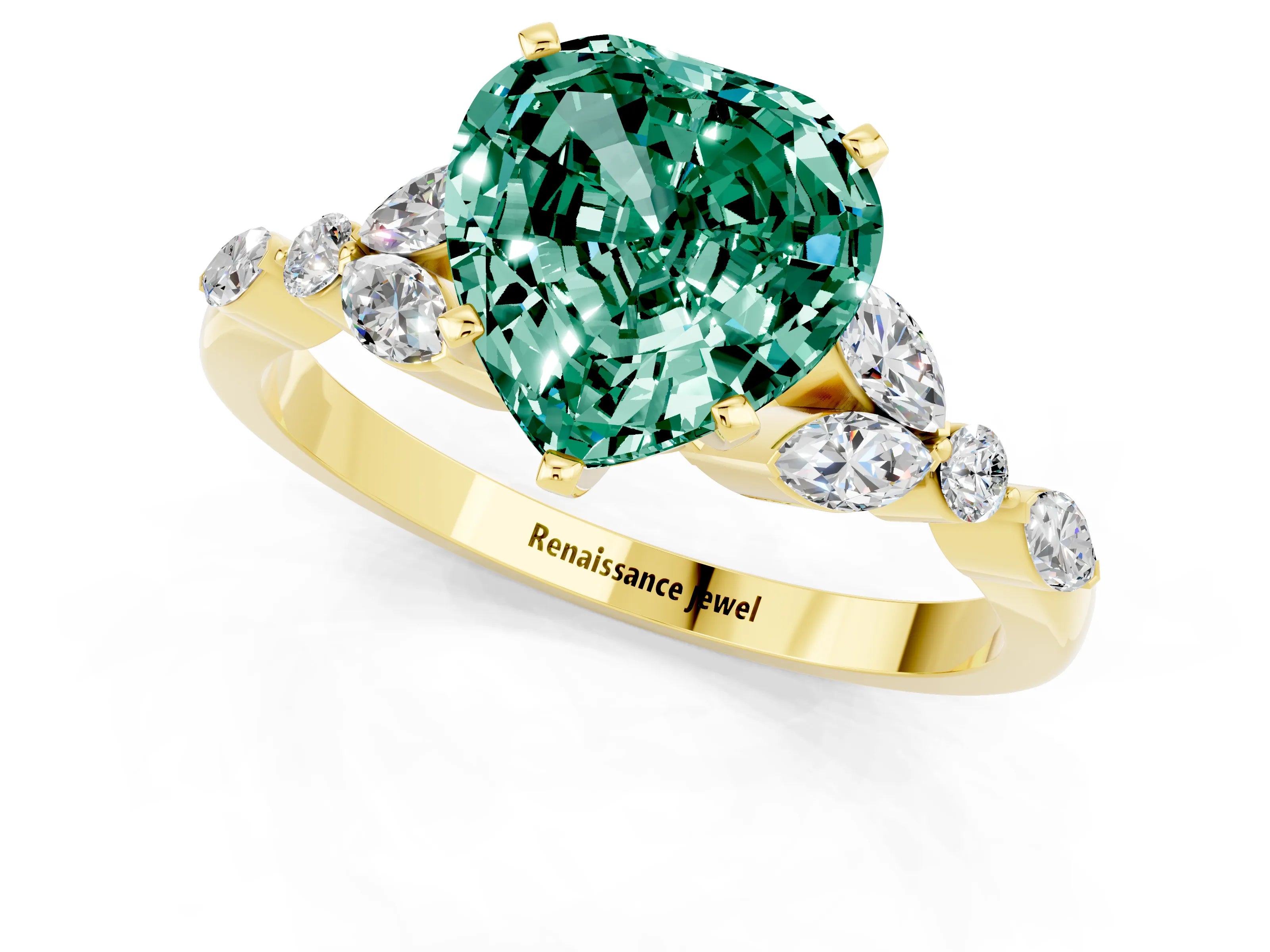 Yellow gold Heart Cut Green Sapphire Solitaire Ring with Side Stones and Four-Prong Setting_13