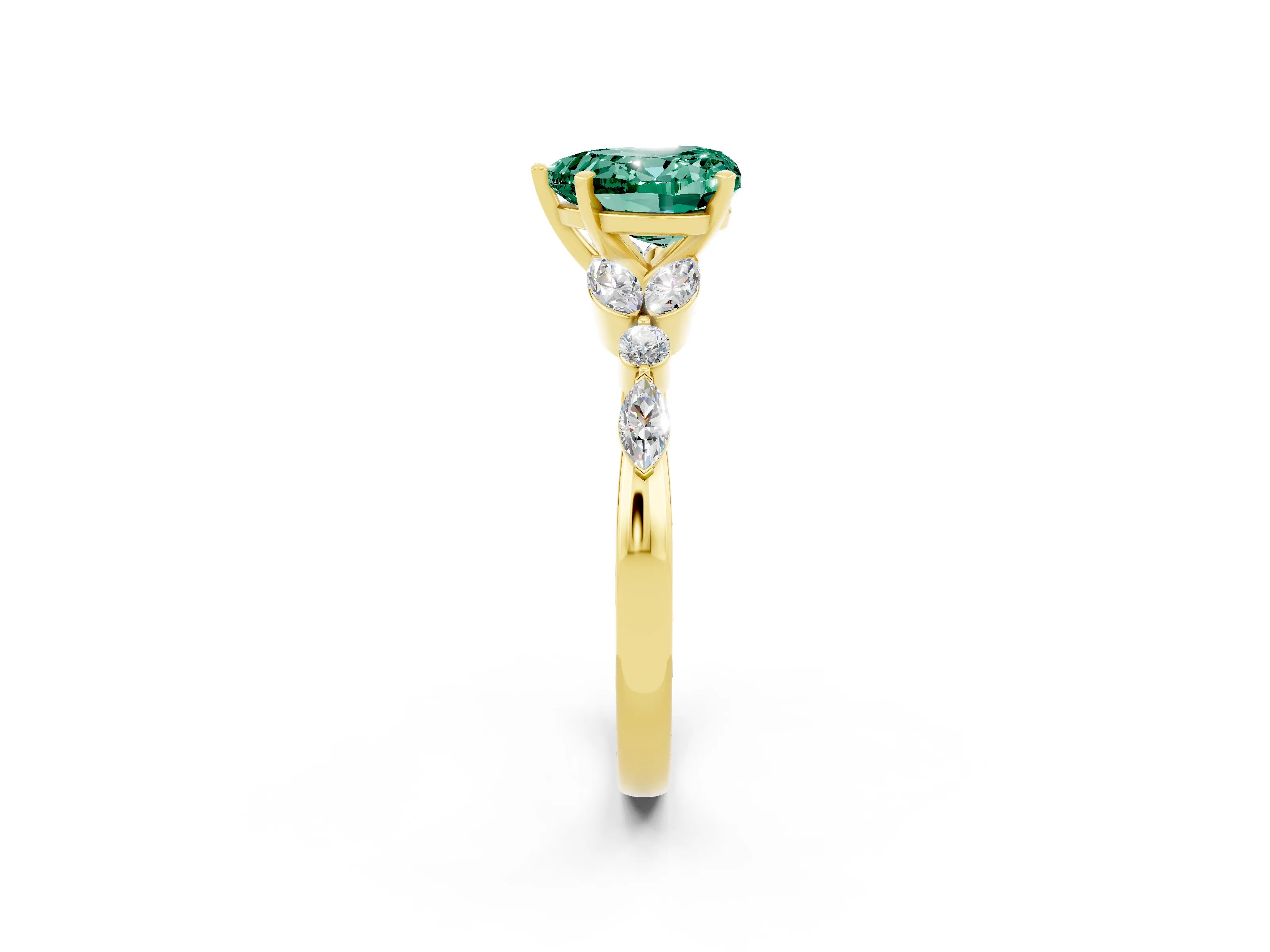 Yellow gold Heart Cut Green Sapphire Solitaire Ring with Side Stones and Four-Prong Setting_14