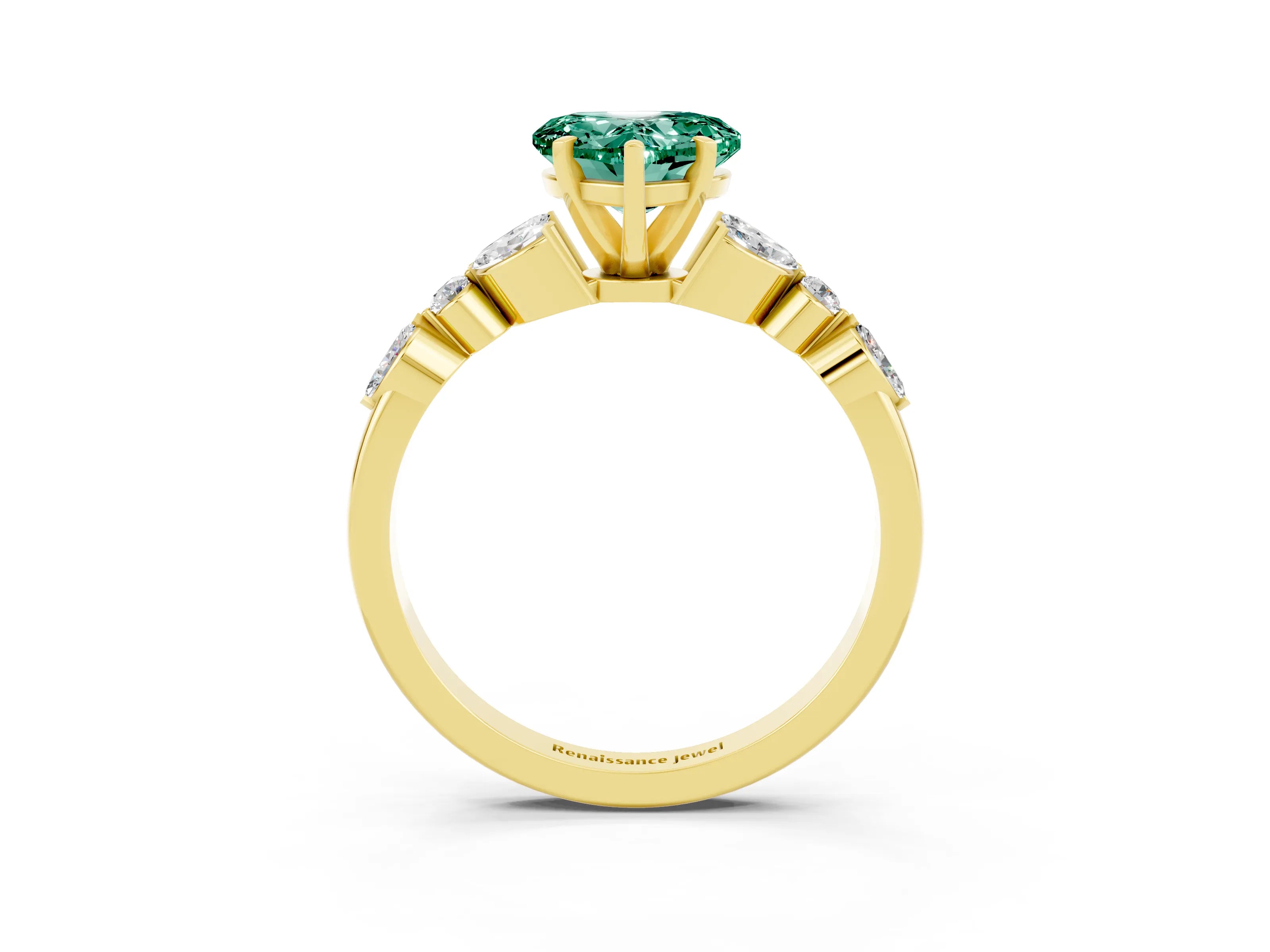 Yellow gold Heart Cut Green Sapphire Solitaire Ring with Side Stones and Four-Prong Setting_15