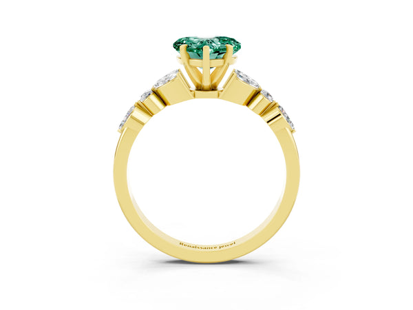 Yellow gold Heart Cut Green Sapphire Solitaire Ring with Side Stones and Four-Prong Setting