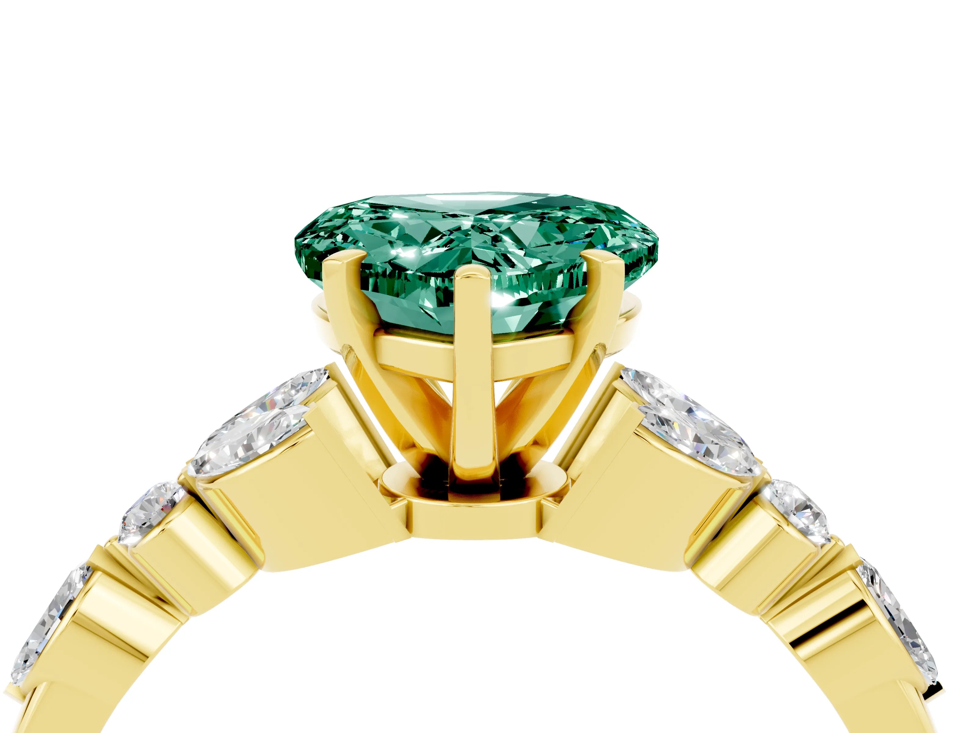 Yellow gold Heart Cut Green Sapphire Solitaire Ring with Side Stones and Four-Prong Setting_16