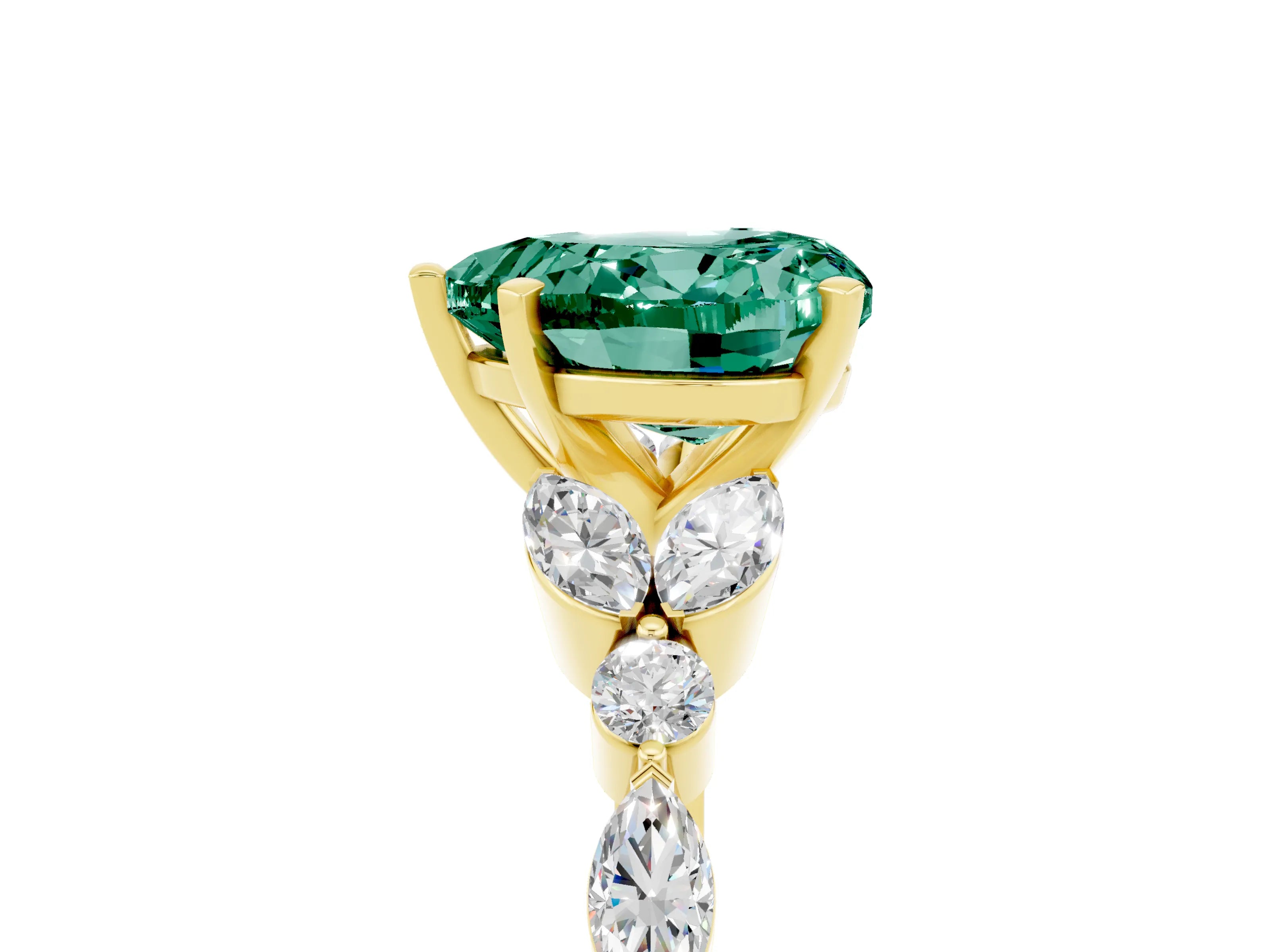 Yellow gold Heart Cut Green Sapphire Solitaire Ring with Side Stones and Four-Prong Setting_17
