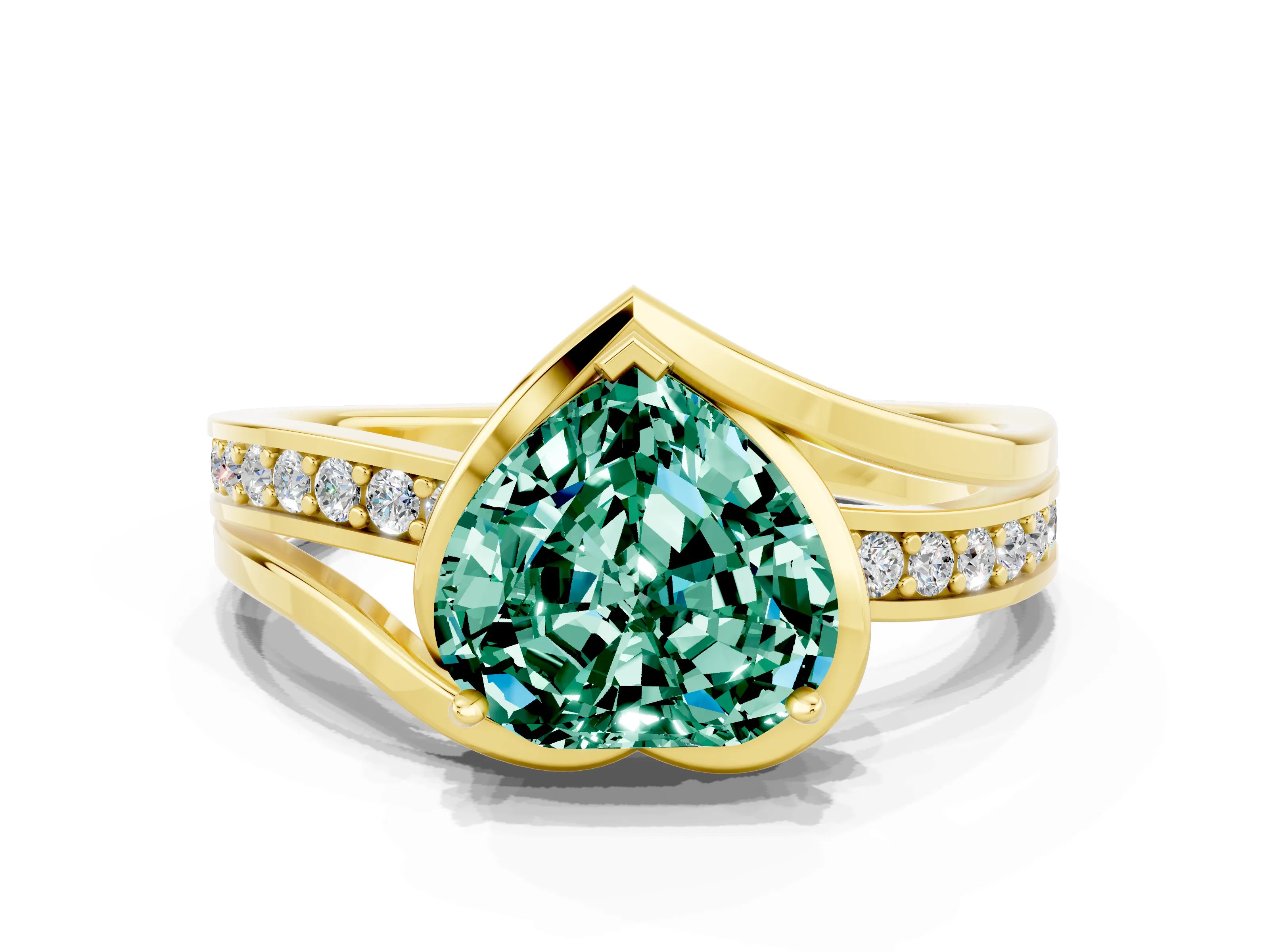 Yellow gold Heart Cut Green Sapphire Solitaire Ring with Split Shank and Prong Setting