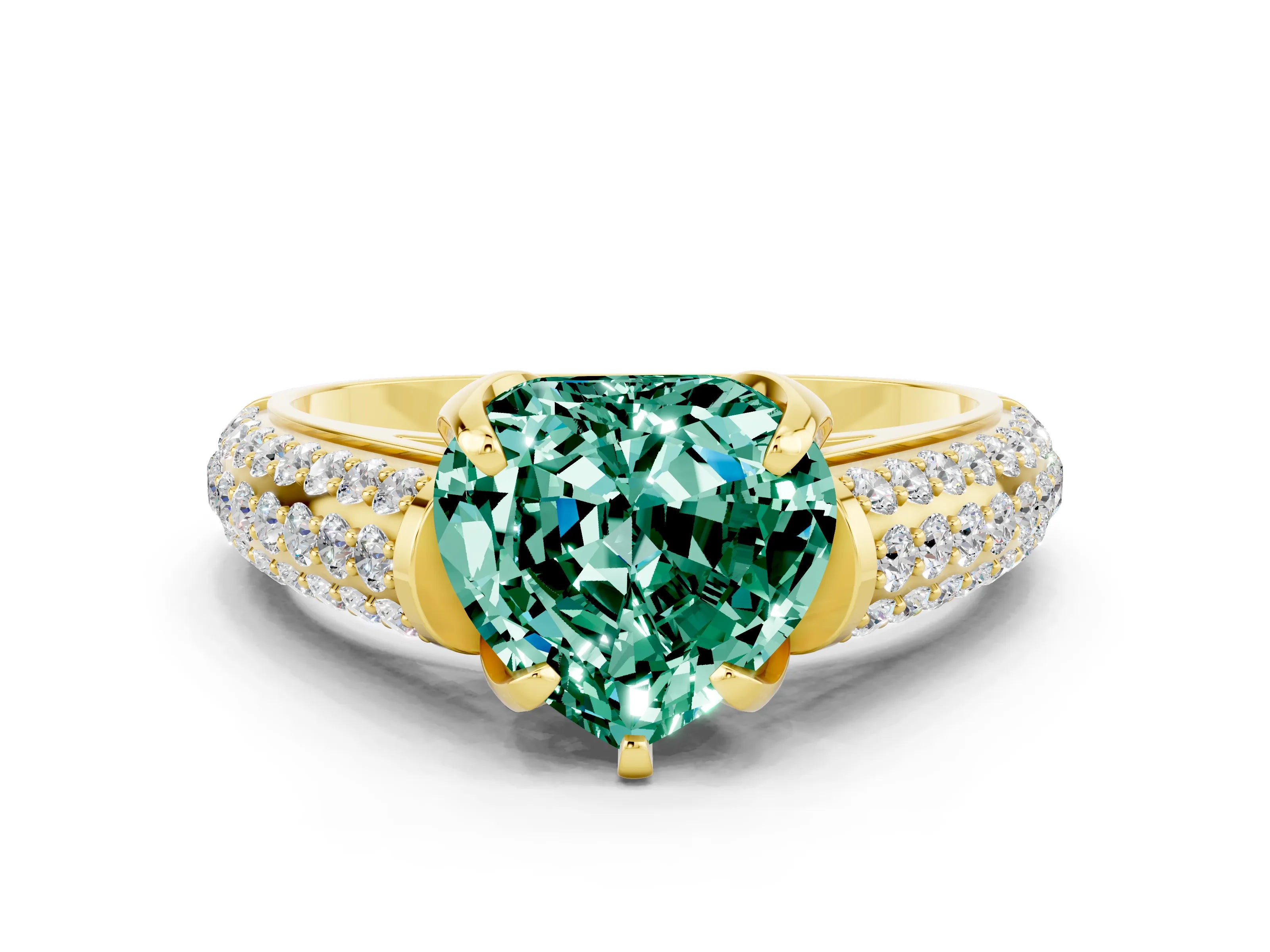 Yellow gold Heart Cut Green Sapphire Solitaire Ring with Three-Row Pavé Band and Four-Prong Setting_12