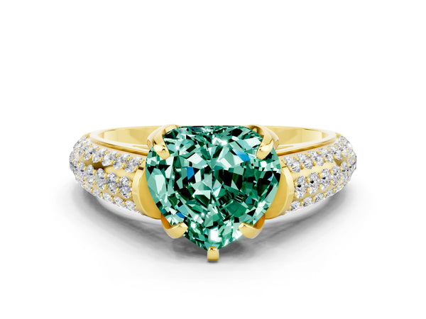 Yellow gold Heart Cut Green Sapphire Solitaire Ring with Three-Row Pavé Band and Four-Prong Setting