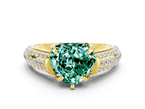 Yellow gold Heart Cut Green Sapphire Solitaire Ring with Three-Row Pavé Band and Four-Prong Setting_12