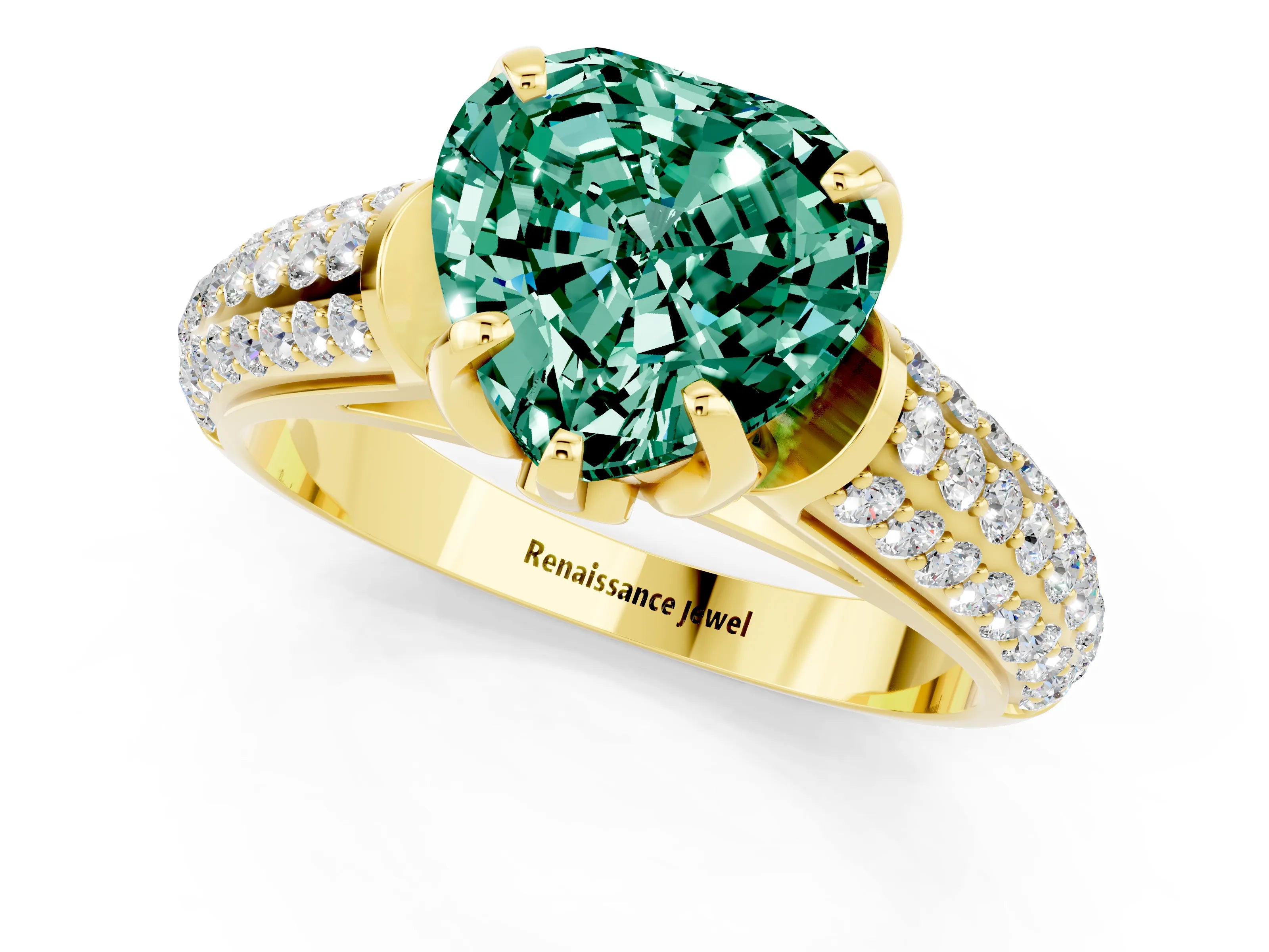 Yellow gold Heart Cut Green Sapphire Solitaire Ring with Three-Row Pavé Band and Four-Prong Setting_13