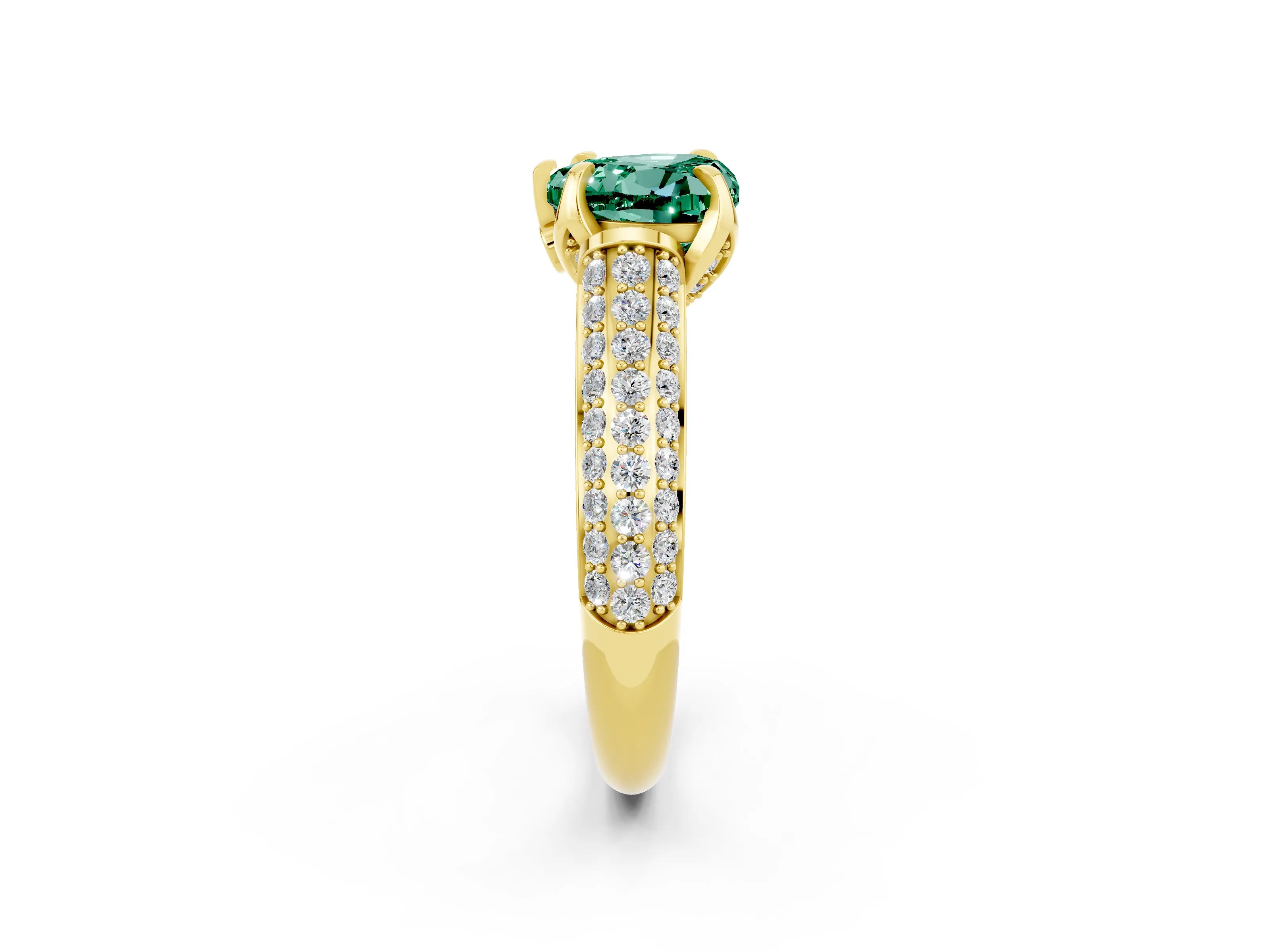 Yellow gold Heart Cut Green Sapphire Solitaire Ring with Three-Row Pavé Band and Four-Prong Setting_14