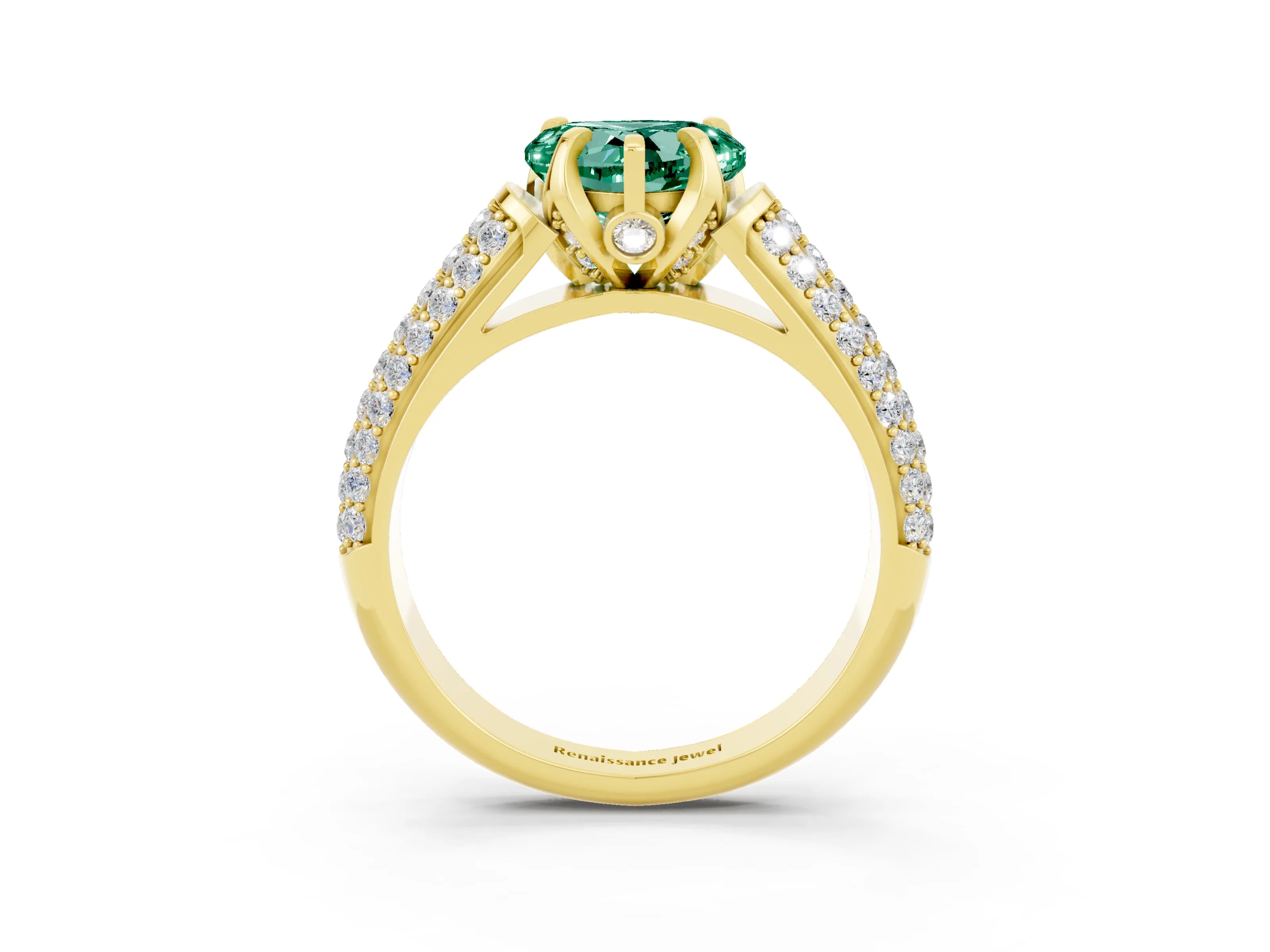Yellow gold Heart Cut Green Sapphire Solitaire Ring with Three-Row Pavé Band and Four-Prong Setting_15