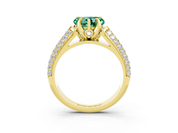 Yellow gold Heart Cut Green Sapphire Solitaire Ring with Three-Row Pavé Band and Four-Prong Setting