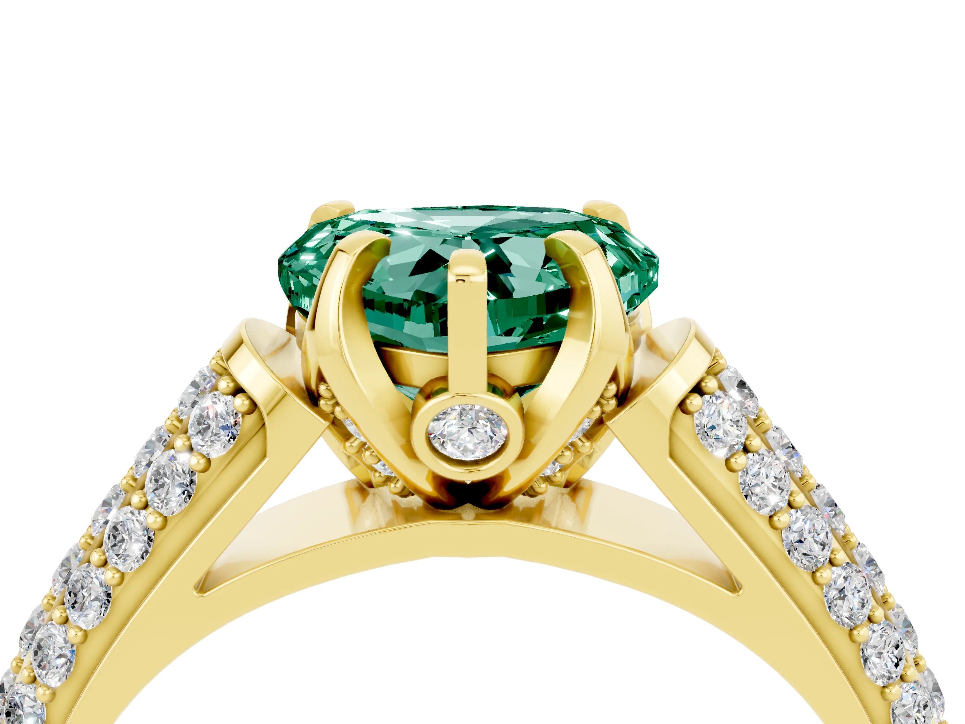 Yellow gold Heart Cut Green Sapphire Solitaire Ring with Three-Row Pavé Band and Four-Prong Setting_16