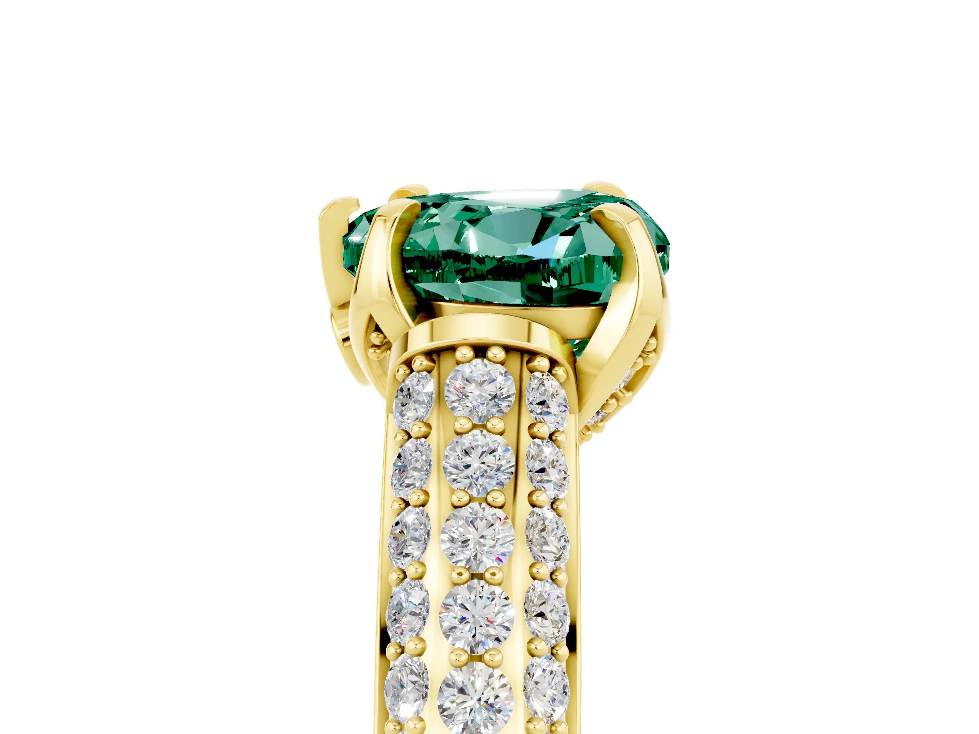 Yellow gold Heart Cut Green Sapphire Solitaire Ring with Three-Row Pavé Band and Four-Prong Setting_17