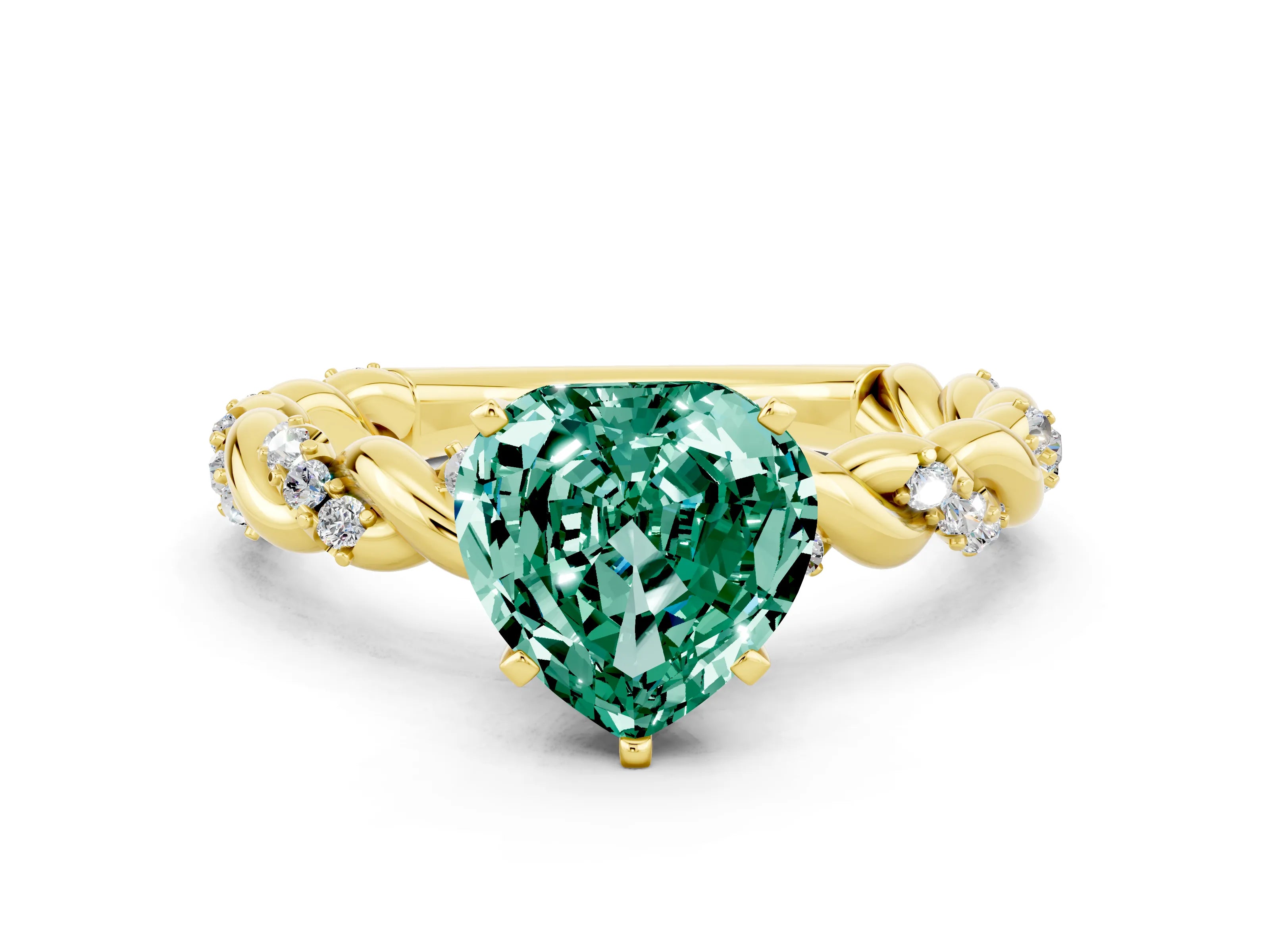 Yellow gold Heart Cut Green Sapphire Solitaire Ring with Twisted Band and Pavé Accents