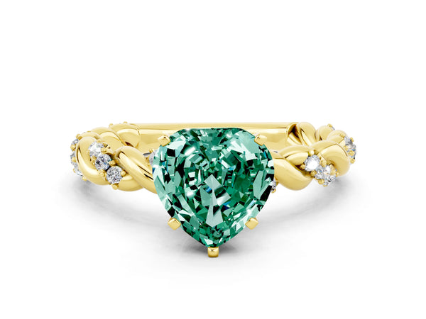 Yellow gold Heart Cut Green Sapphire Solitaire Ring with Twisted Band and Pavé Accents