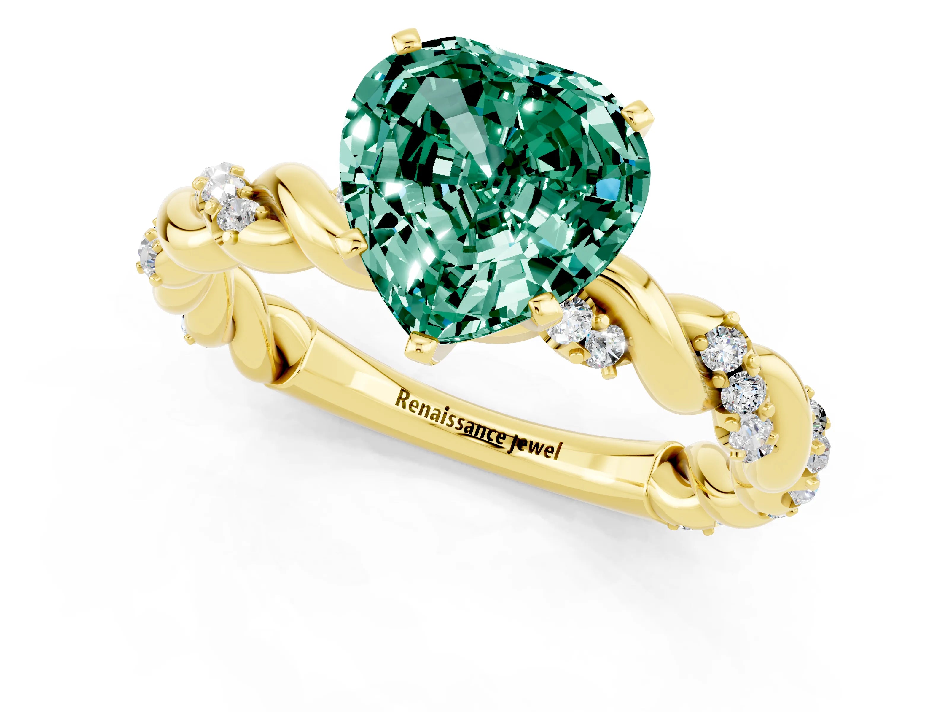 Yellow gold Heart Cut Green Sapphire Solitaire Ring with Twisted Band and Pavé Accents_1
