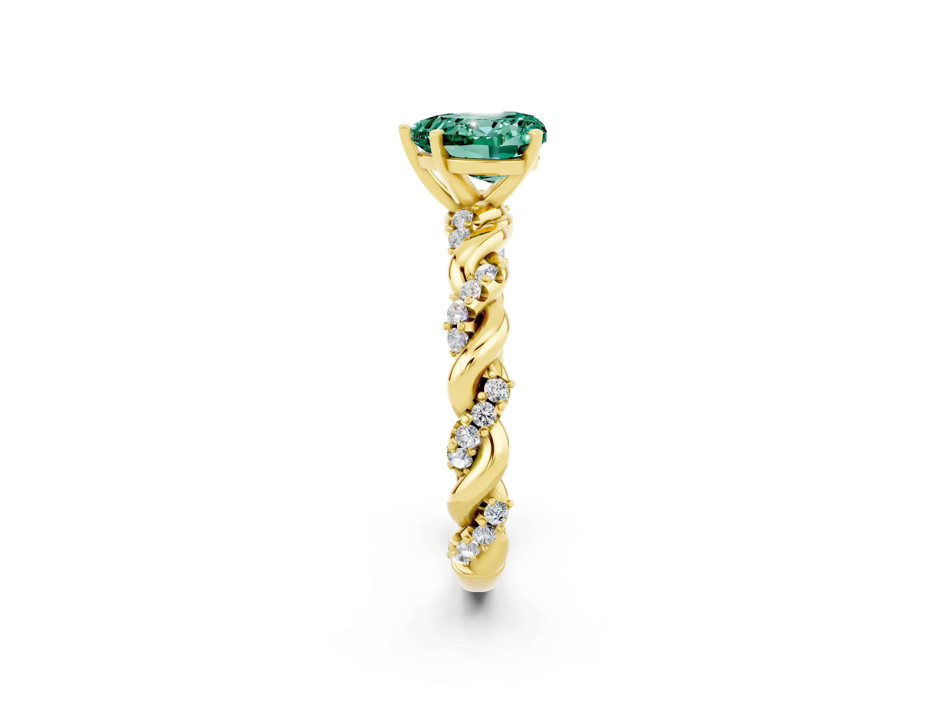 Yellow gold Heart Cut Green Sapphire Solitaire Ring with Twisted Band and Pavé Accents_2