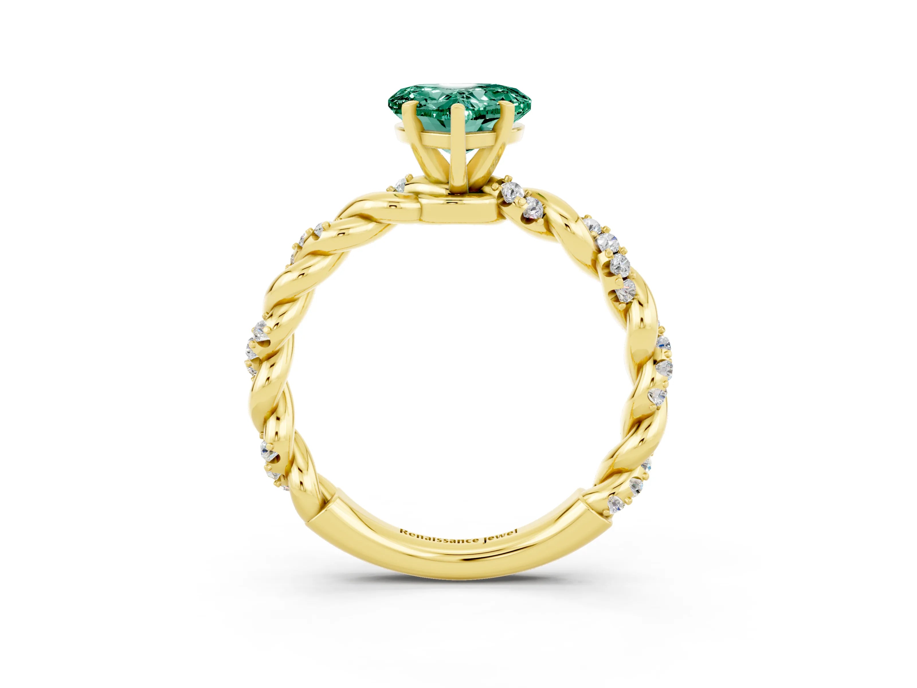 Yellow gold Heart Cut Green Sapphire Solitaire Ring with Twisted Band and Pavé Accents_3