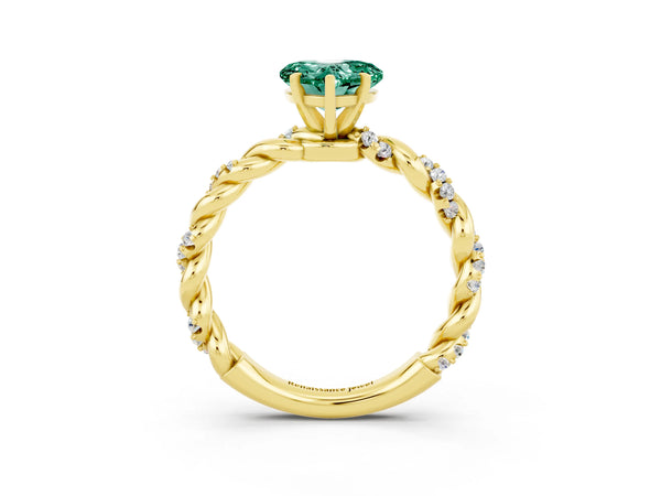 Yellow gold Heart Cut Green Sapphire Solitaire Ring with Twisted Band and Pavé Accents