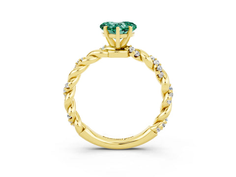 Yellow gold Heart Cut Green Sapphire Solitaire Ring with Twisted Band and Pavé Accents_3