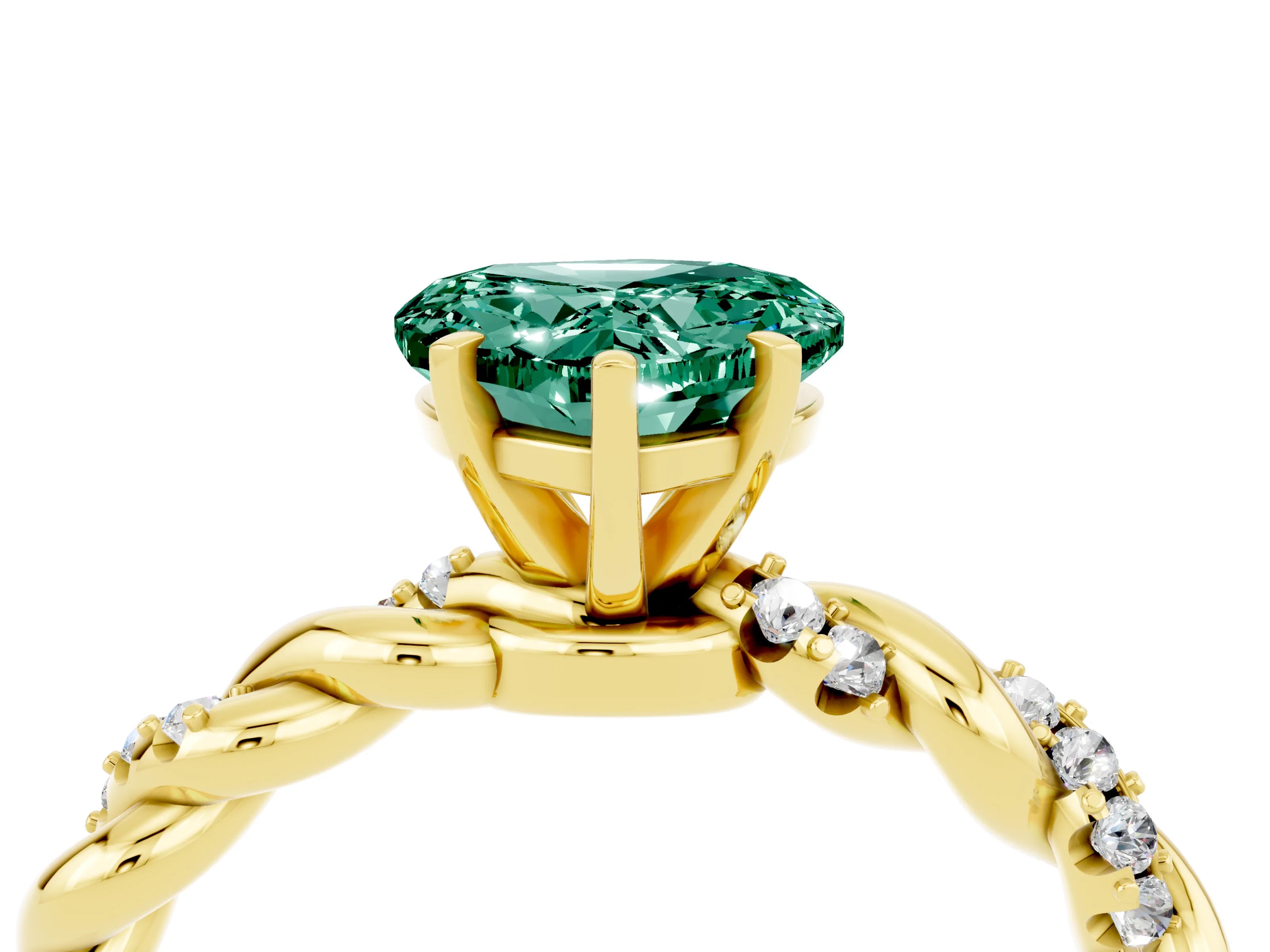 Yellow gold Heart Cut Green Sapphire Solitaire Ring with Twisted Band and Pavé Accents_4