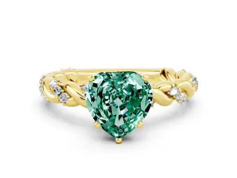 Yellow gold Heart Cut Green Sapphire Solitaire Ring with Twisted Band and Pavé Accents