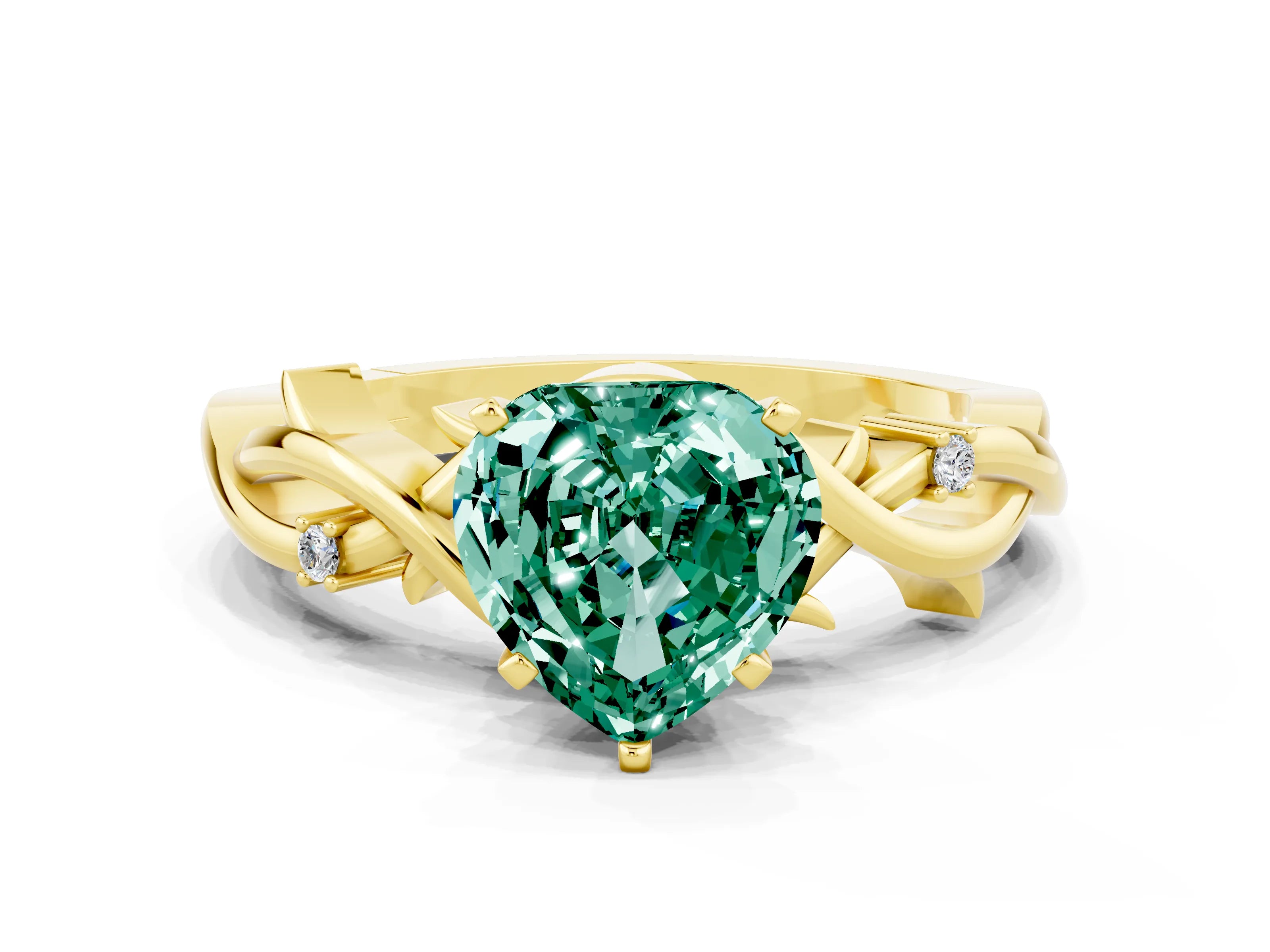 Yellow gold Heart Cut Green Sapphire Solitaire Ring with Twisted Band and Prong Setting