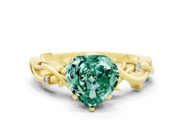 Yellow gold Heart Cut Green Sapphire Solitaire Ring with Twisted Band and Prong Setting
