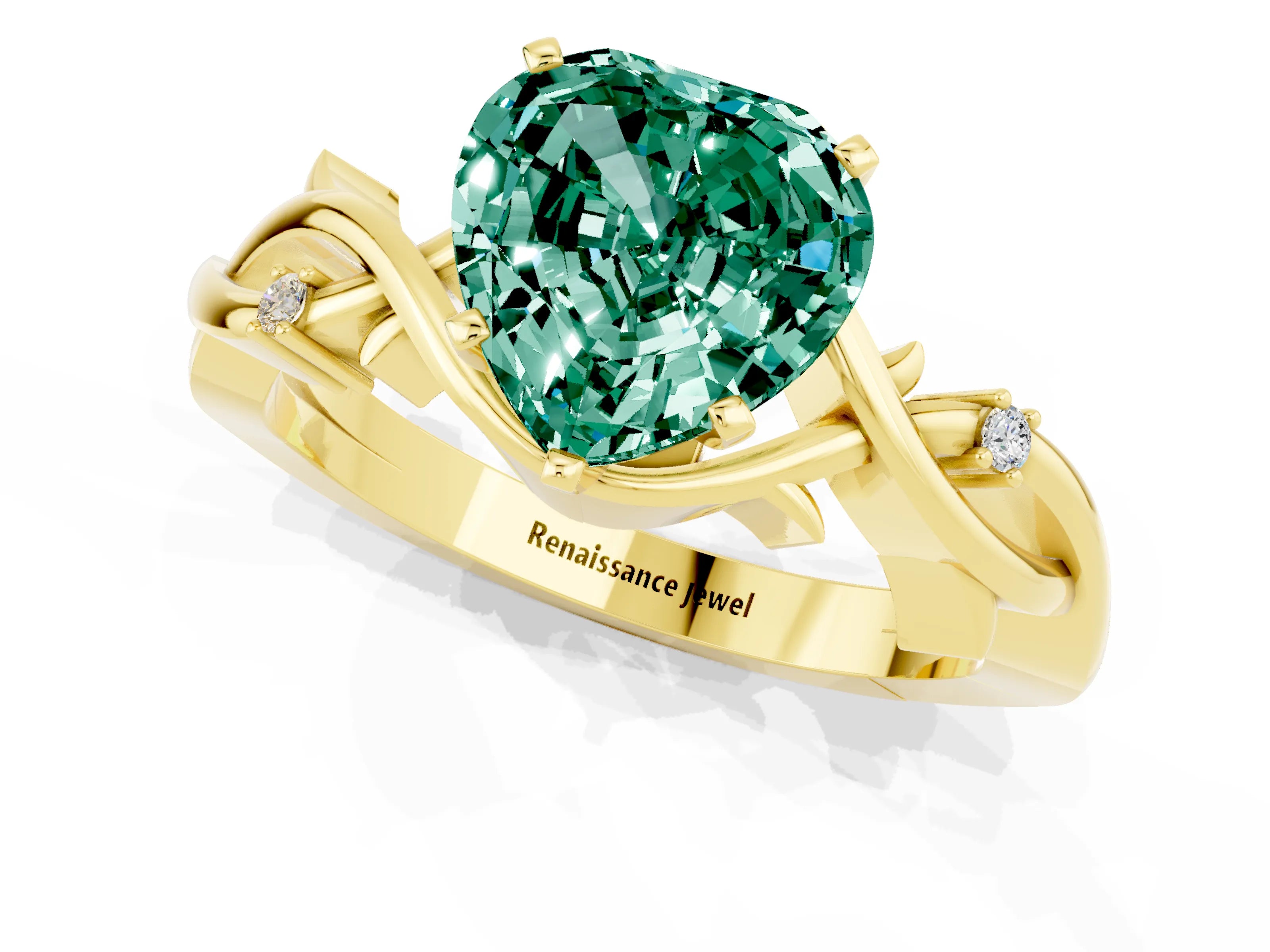 Yellow gold Heart Cut Green Sapphire Solitaire Ring with Twisted Band and Prong Setting_1