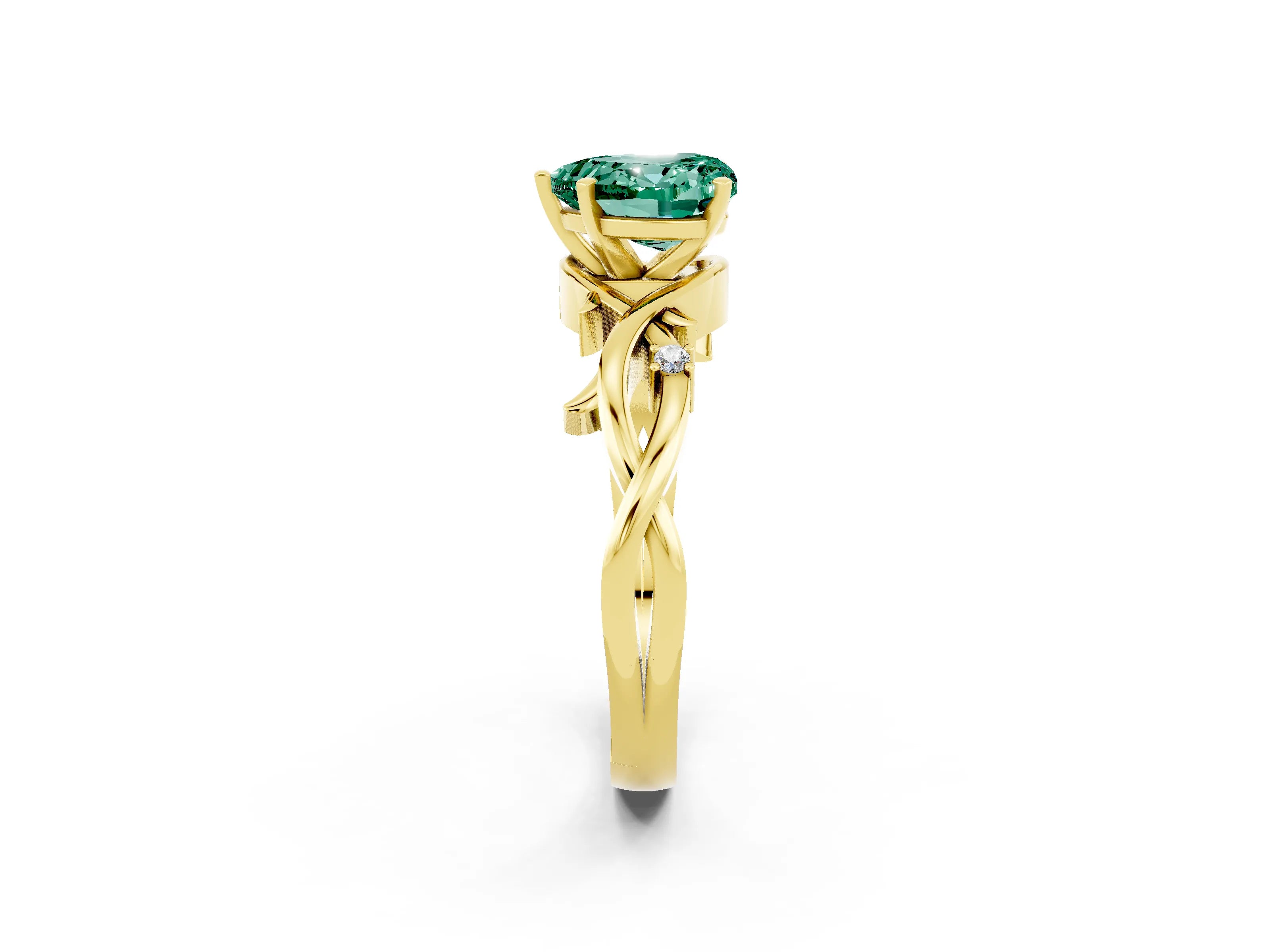 Yellow gold Heart Cut Green Sapphire Solitaire Ring with Twisted Band and Prong Setting_2