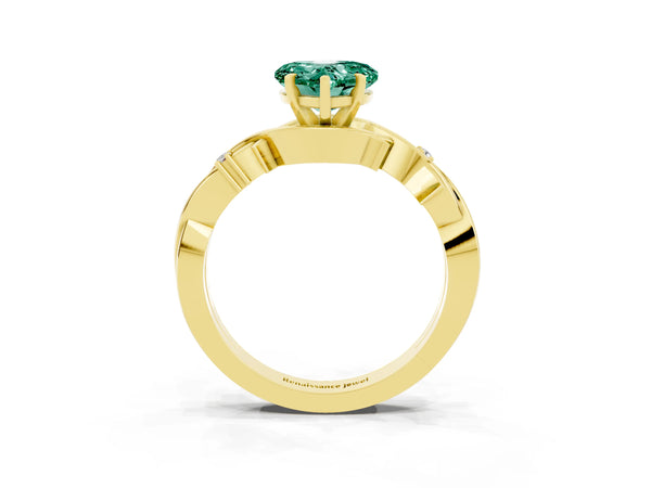 Yellow gold Heart Cut Green Sapphire Solitaire Ring with Twisted Band and Prong Setting