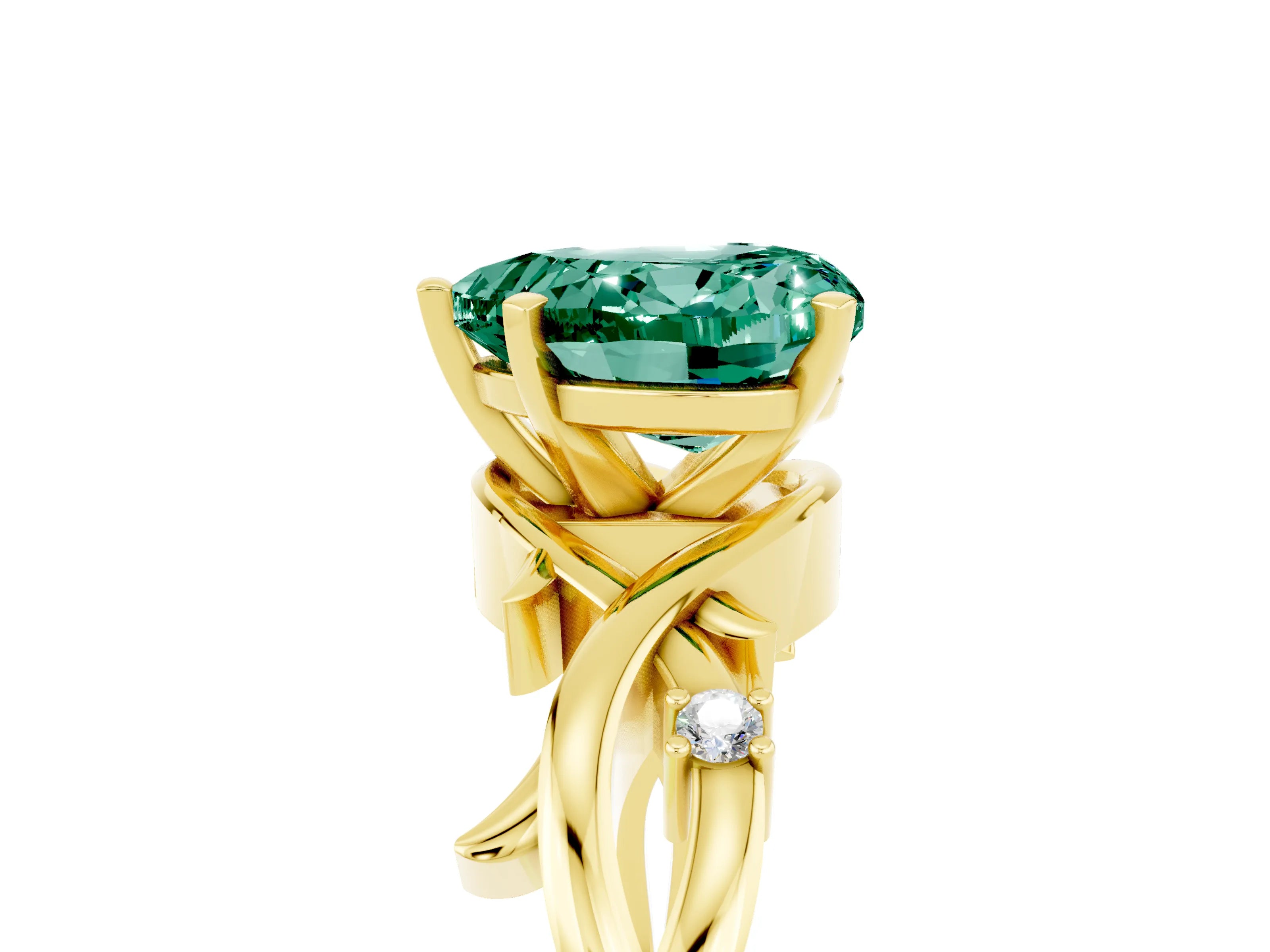 Yellow gold Heart Cut Green Sapphire Solitaire Ring with Twisted Band and Prong Setting_5