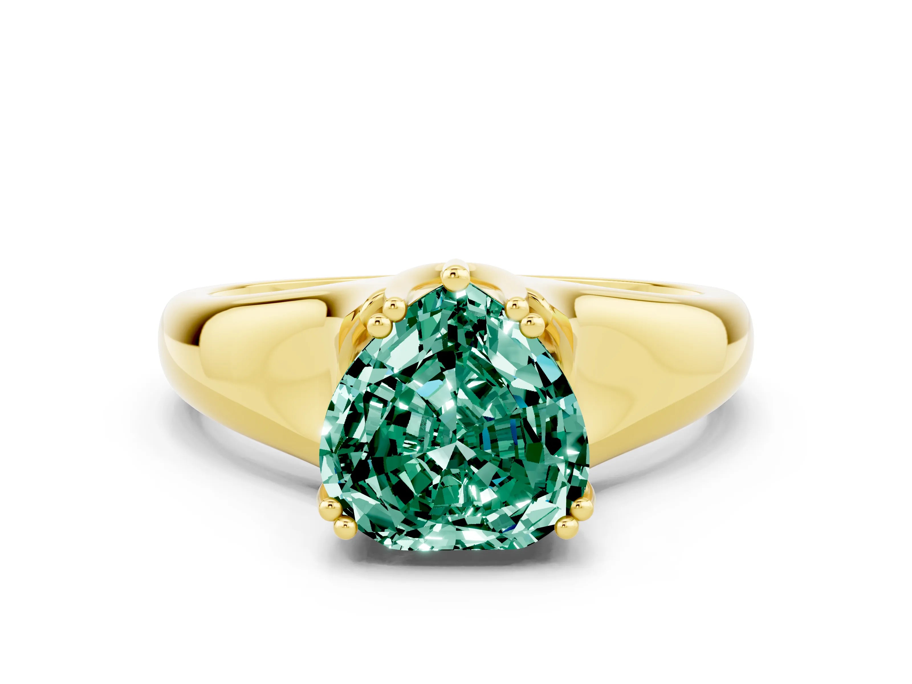 Yellow gold Heart Cut Green Sapphire Solitaire Ring with Wide Band and Prong Setting