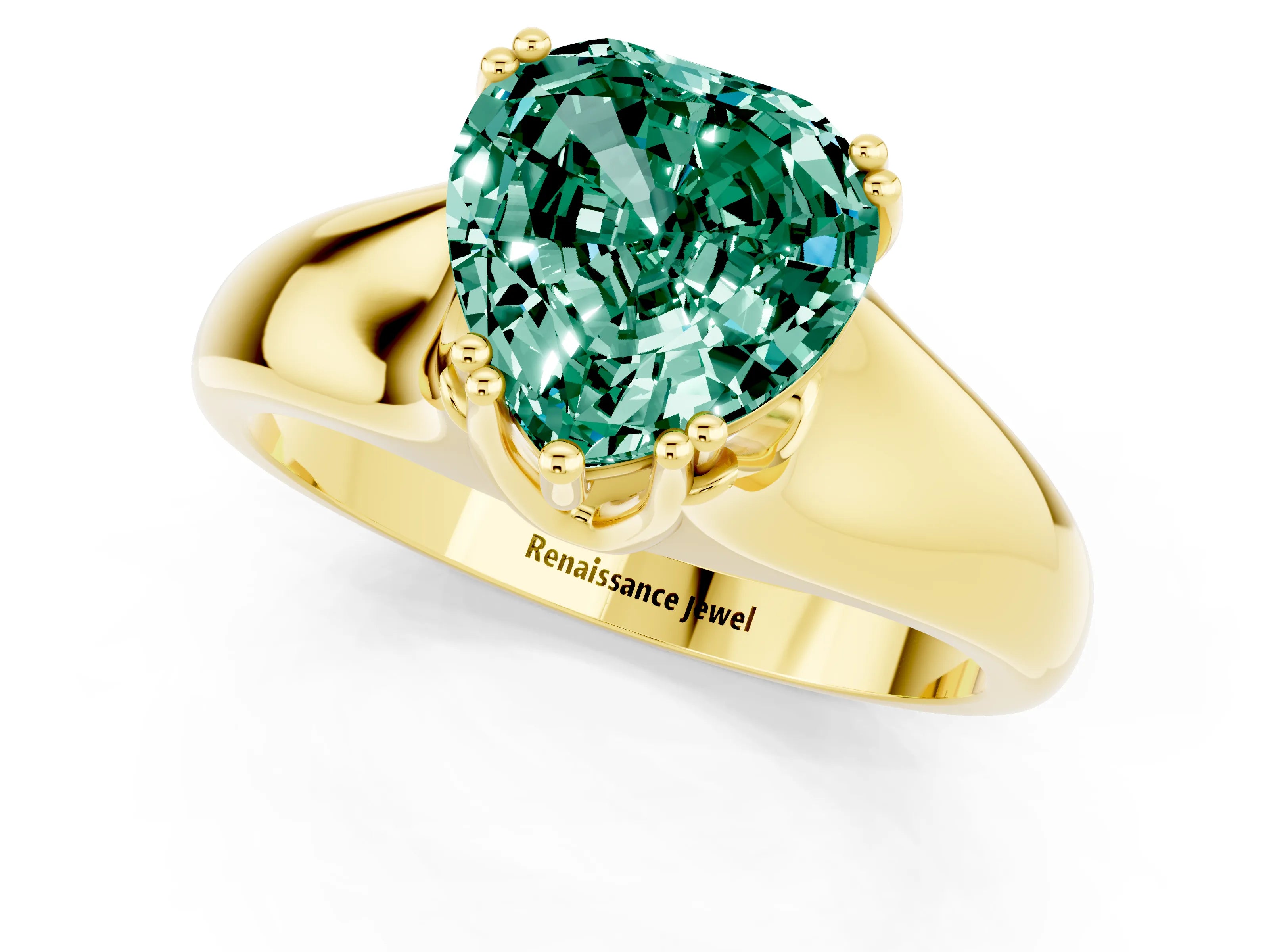 Yellow gold Heart Cut Green Sapphire Solitaire Ring with Wide Band and Prong Setting_1