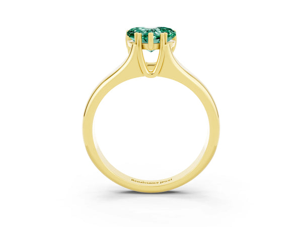 Yellow gold Heart Cut Green Sapphire Solitaire Ring with Wide Band and Prong Setting