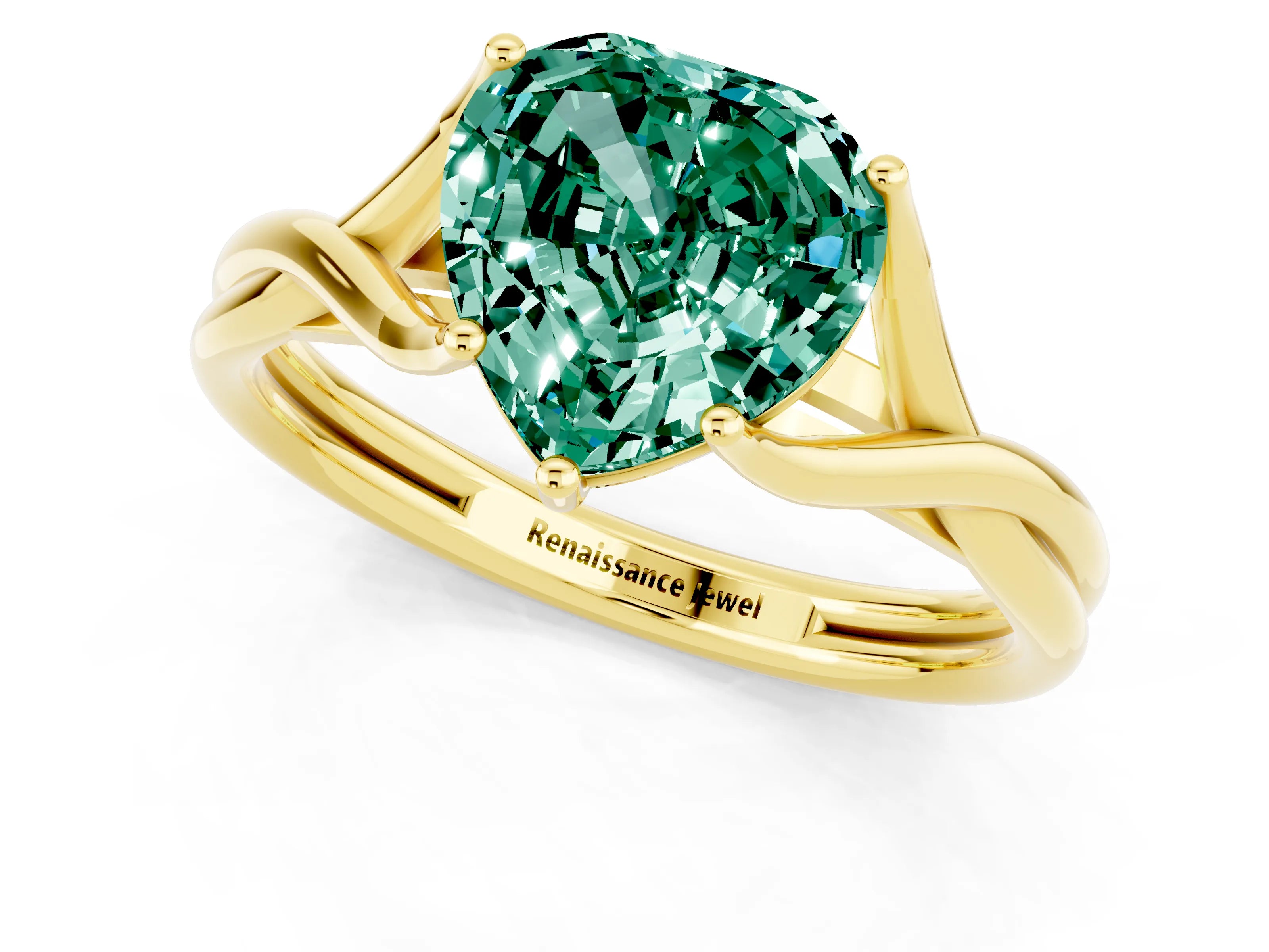 Yellow gold Heart Cut Green Sapphire Solitaire Twist Band Prong Setting Ring_49