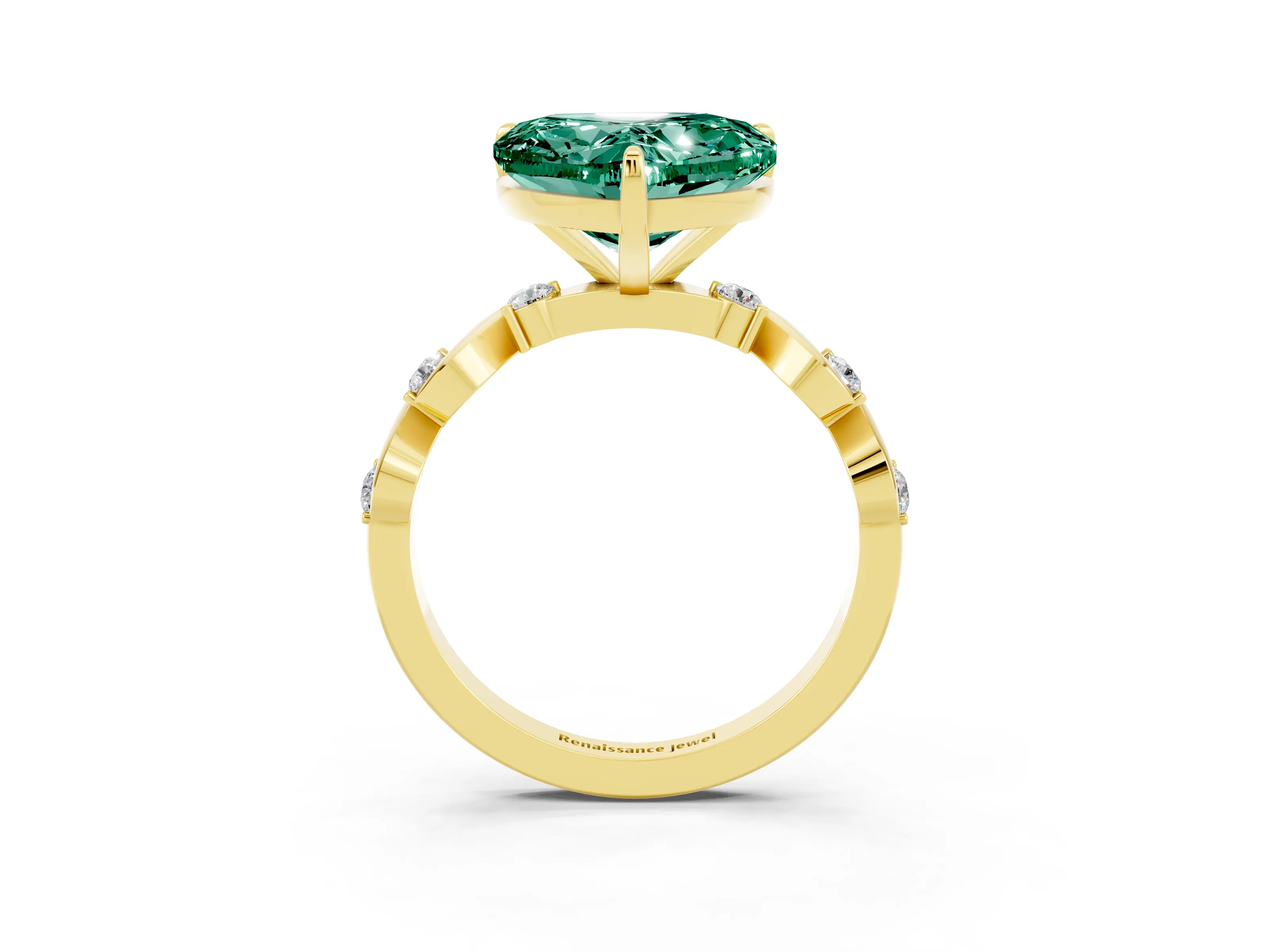 Yellow gold Heart Cut Green Sapphire Solitaire Twisted Band with Round  Accents and Prong Setting_15