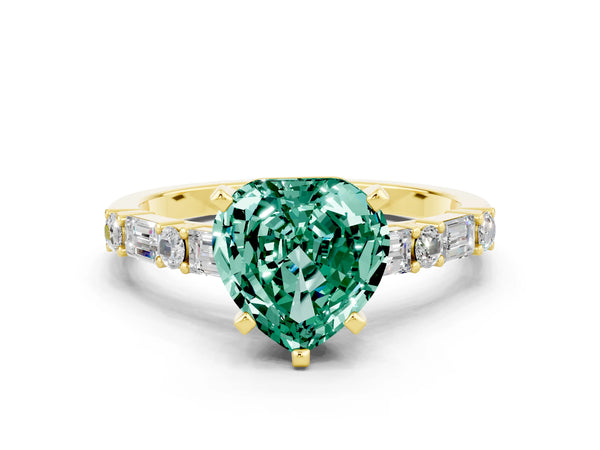 Yellow gold Heart Cut Green Sapphire Solitaire with Side Baguettes and Channel Set Band