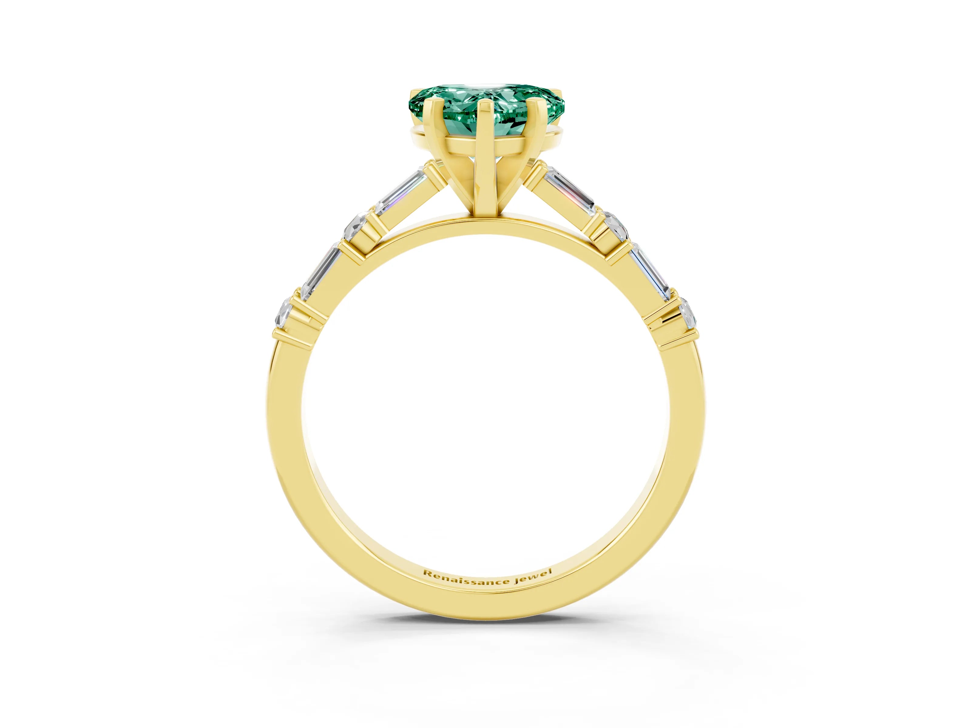 Yellow gold Heart Cut Green Sapphire Solitaire with Side Baguettes and Channel Set Band_3