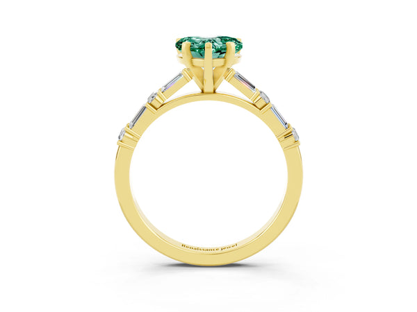 Yellow gold Heart Cut Green Sapphire Solitaire with Side Baguettes and Channel Set Band