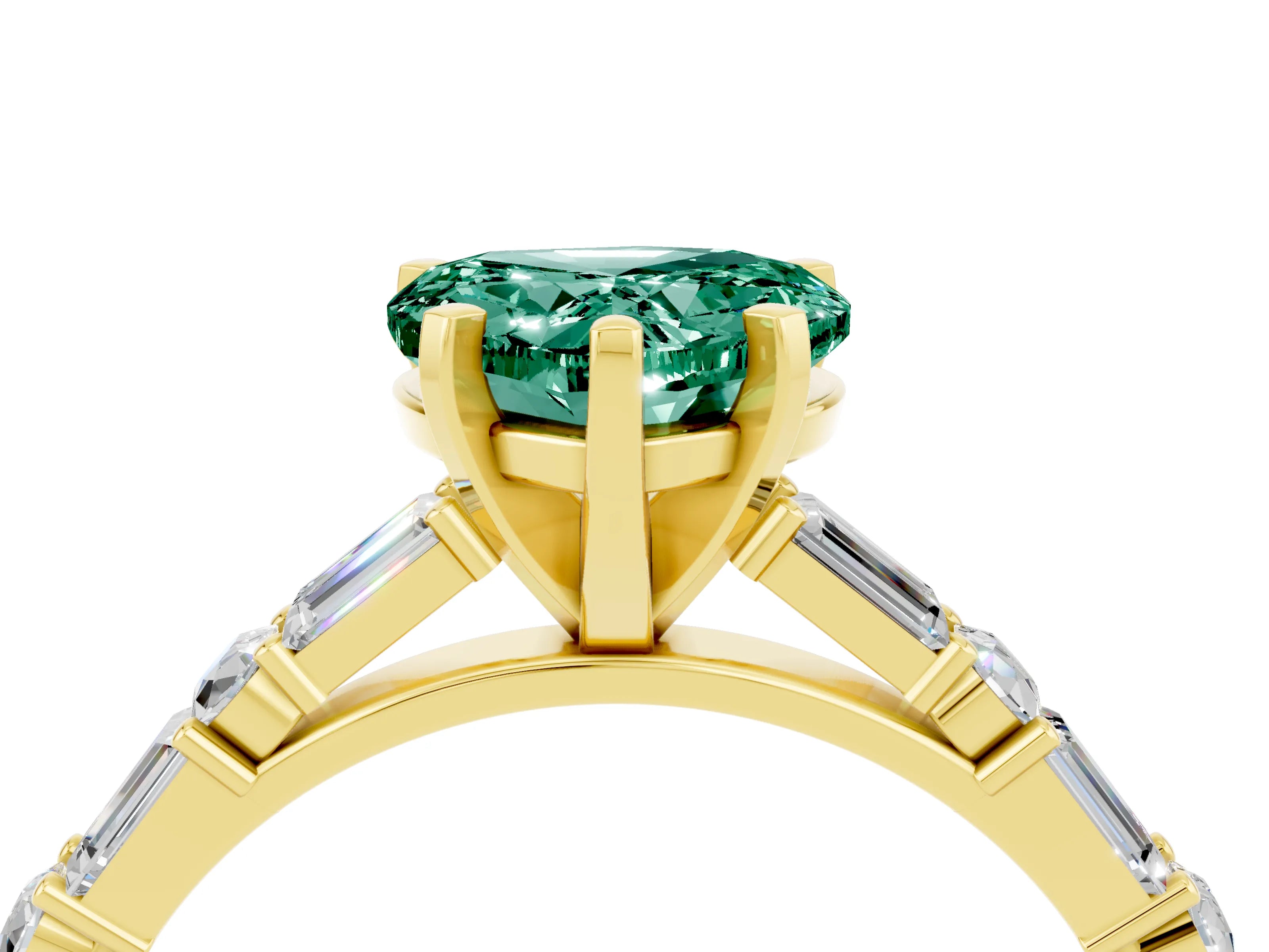 Yellow gold Heart Cut Green Sapphire Solitaire with Side Baguettes and Channel Set Band_4