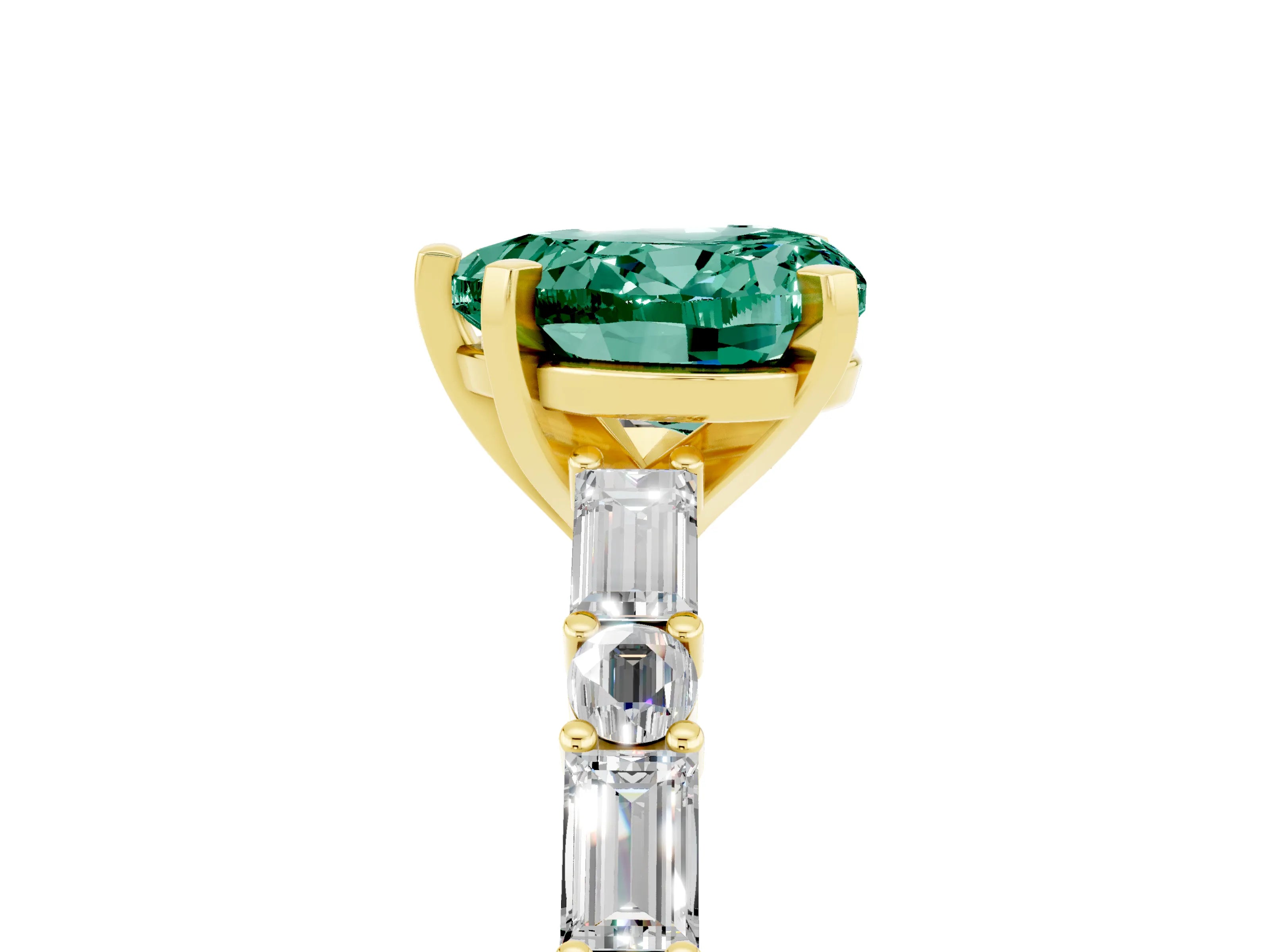 Yellow gold Heart Cut Green Sapphire Solitaire with Side Baguettes and Channel Set Band_5