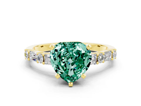 Yellow gold Heart Cut Green Sapphire Solitaire with Side Baguettes and Channel Set Band