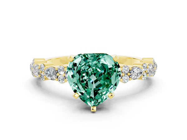 Yellow gold Heart Cut Green Sapphire Side Stone Solitaire Ring with Round  and Four-Prong Setting