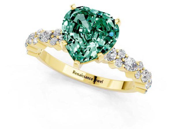 Yellow gold Heart Cut Green Sapphire Side Stone Solitaire Ring with Round  and Four-Prong Setting