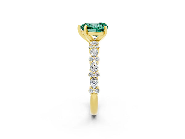 Yellow gold Heart Cut Green Sapphire Side Stone Solitaire Ring with Round  and Four-Prong Setting