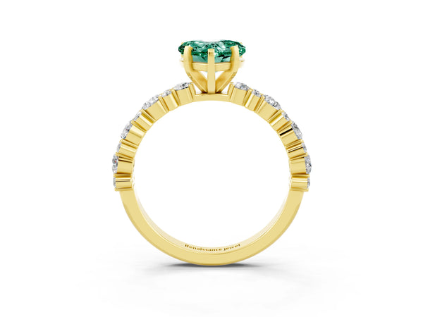 Yellow gold Heart Cut Green Sapphire Side Stone Solitaire Ring with Round  and Four-Prong Setting