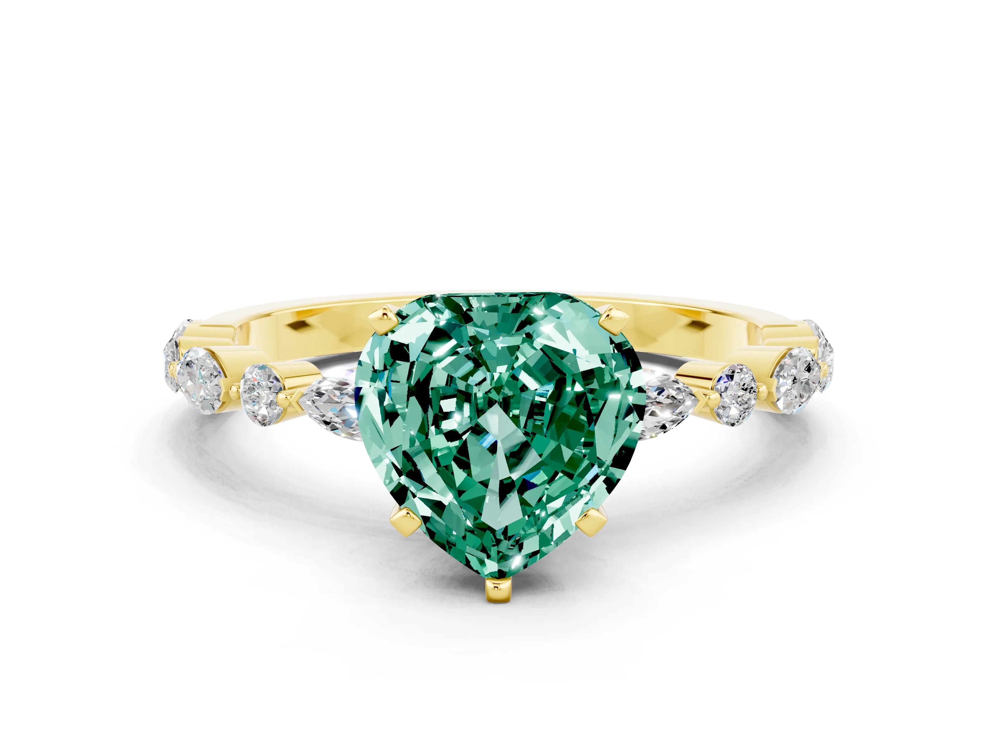 Yellow gold Heart Cut Green Sapphire Solitaire with Side Stones on a Pavé Band and Four-Prong Setting