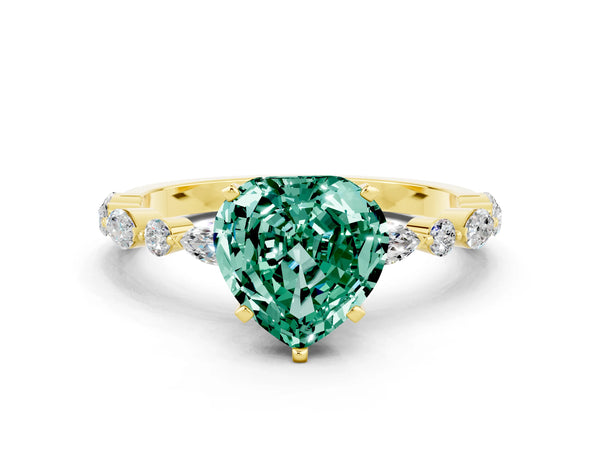 Yellow gold Heart Cut Green Sapphire Ring with Marquise and Round  Side Stones and Four-Prong Setting