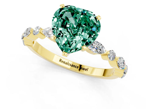 Yellow gold Heart Cut Green Sapphire Solitaire with Side Stones on a Pavé Band and Four-Prong Setting_1