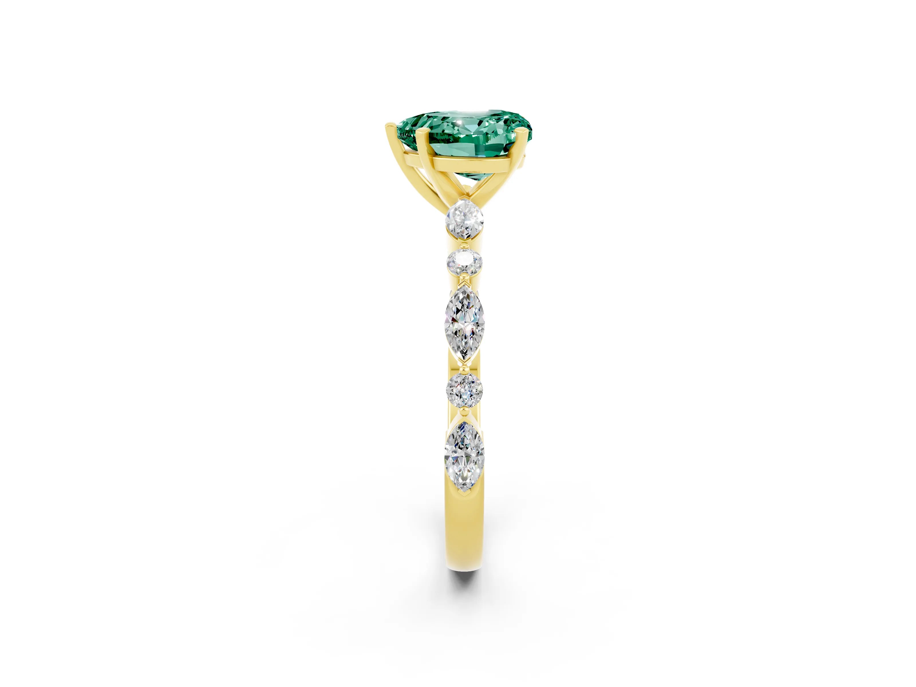 Yellow gold Heart Cut Green Sapphire Solitaire with Side Stones on a Pavé Band and Four-Prong Setting_2